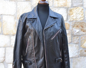 90s Black Leather Jacket Women, Vintage Slim Fit Biker Jacket, Punk Rock Jacket size S