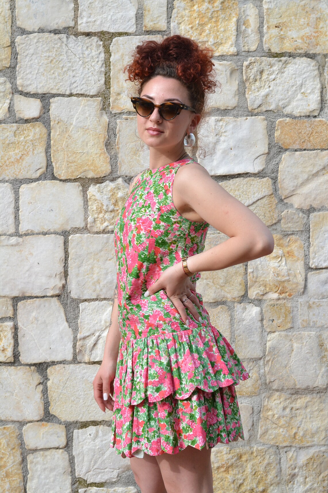 50s Vintage Ruffle Dress / Flower Summer Dress - Etsy