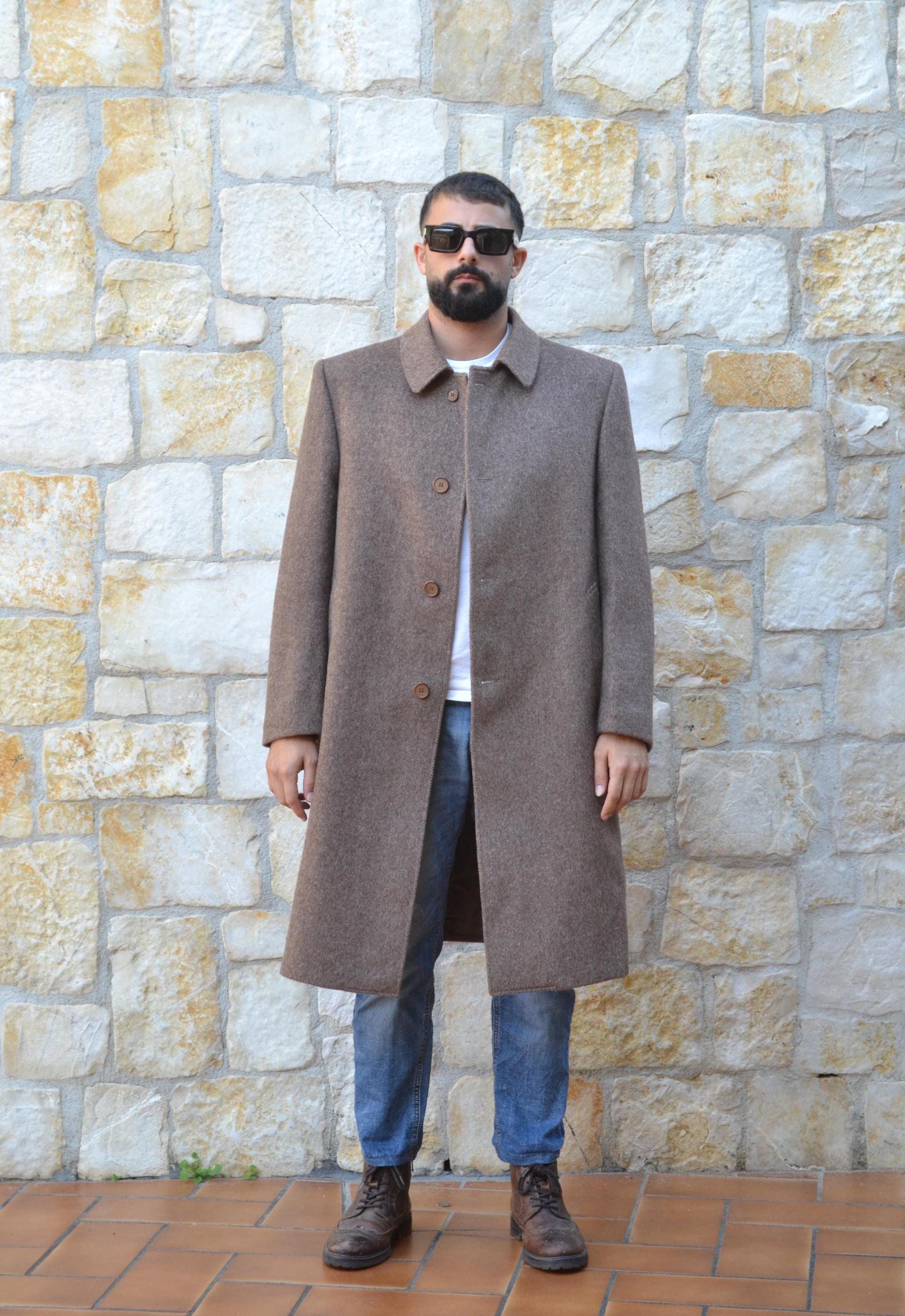 70sVintage  Beige Herringbone Tweed Wool Coat Men, Minimalist Preppy Alpaca Coat