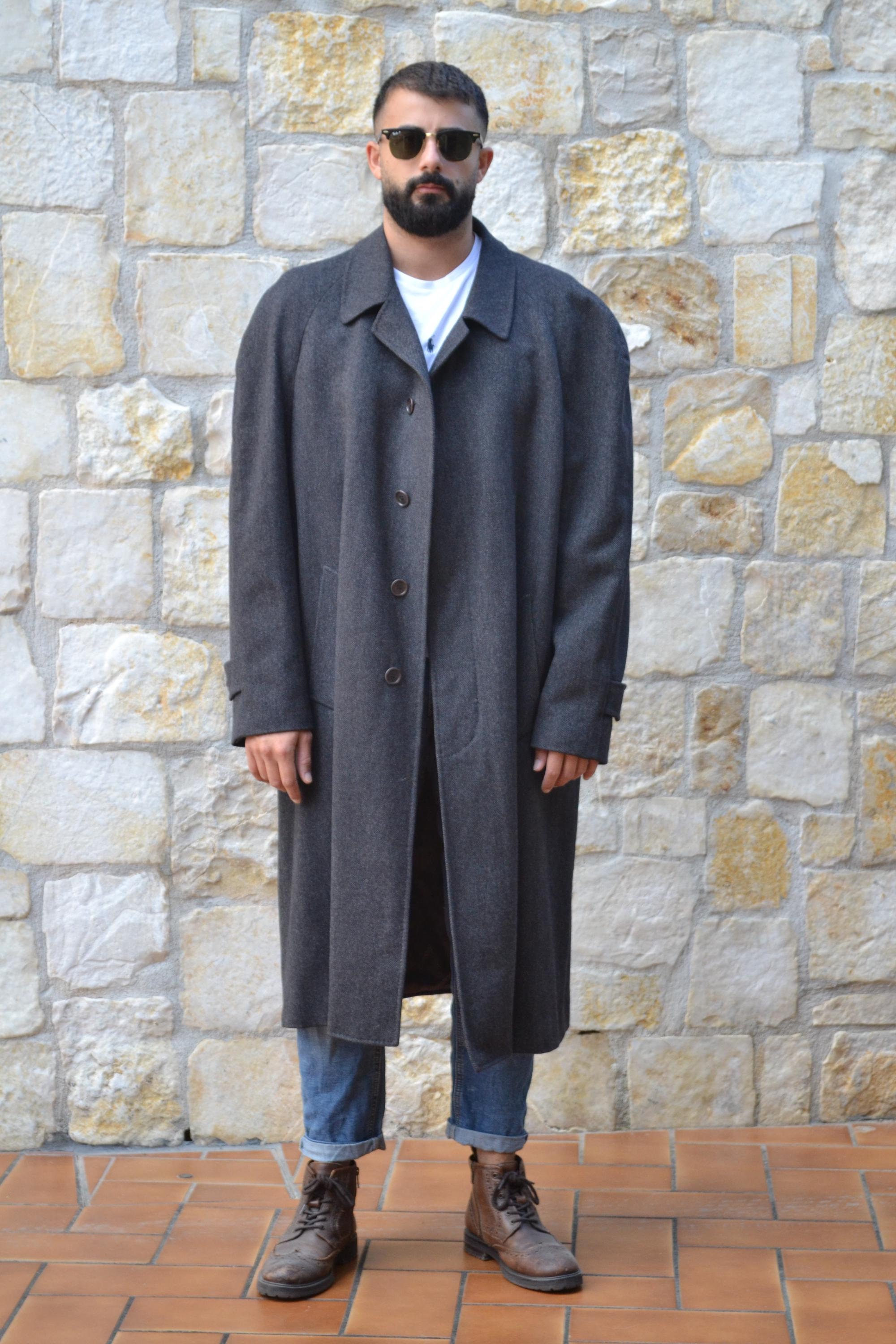 1980s Grey Herringbone Mens Winter Coat, Oversized Wool Coat 1980s Grey Herringbone Mens Winter Coat, Oversized Wool Coat