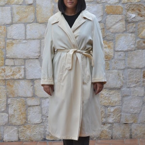 70s Beige Long Trench Coat Women, Vintage Wrap Coat, Mid Season Duster Coat image 2