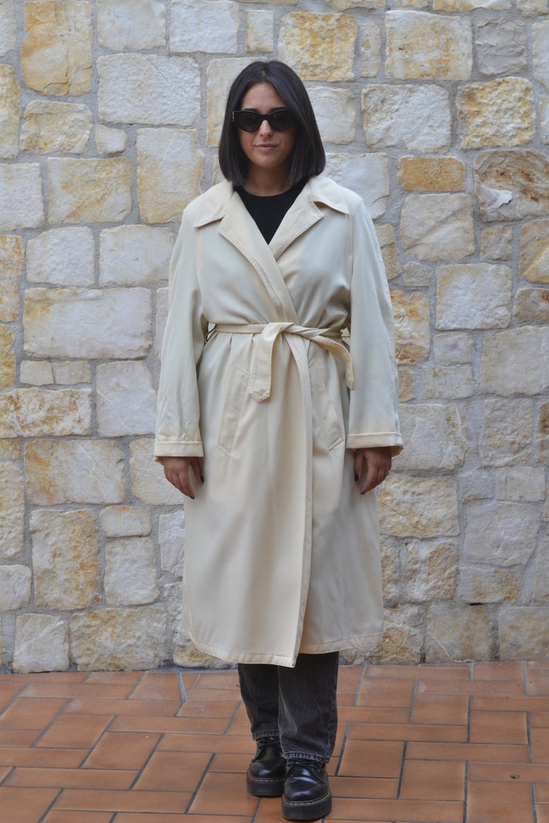 70s Beige Long Trench Coat Women, Vintage Wrap Coat, Mid Season Duster Coat image 2