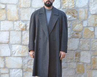 Canali Vintage 90s Grey Double Breasted Wool Coat Men, Herringbone Coat, Long Wool Coat, Mens Overcoat, Mens Winter Coat, Vintage Clothing