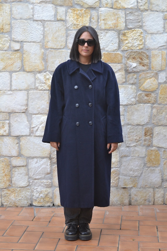 ジャケット・アウター 90s vintage wool melton coat navy L 90s Dark Blue Double Breasted Wool Coat Women, Preppy Womens