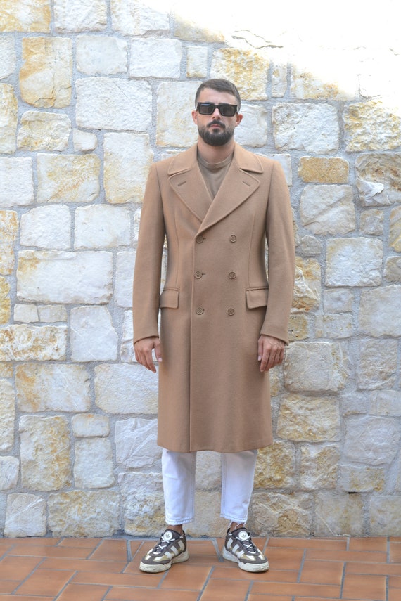 Men’s Camel Double Breasted Wool Suit with Metal Buckle Closure