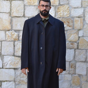 1970s Dark Blue Plus Size Wool Coat Men, Long Coat Men Size XXL