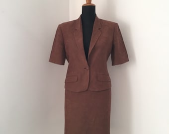 Les Copains 80's brown cotton, linen and viscose jacquard skirt suit