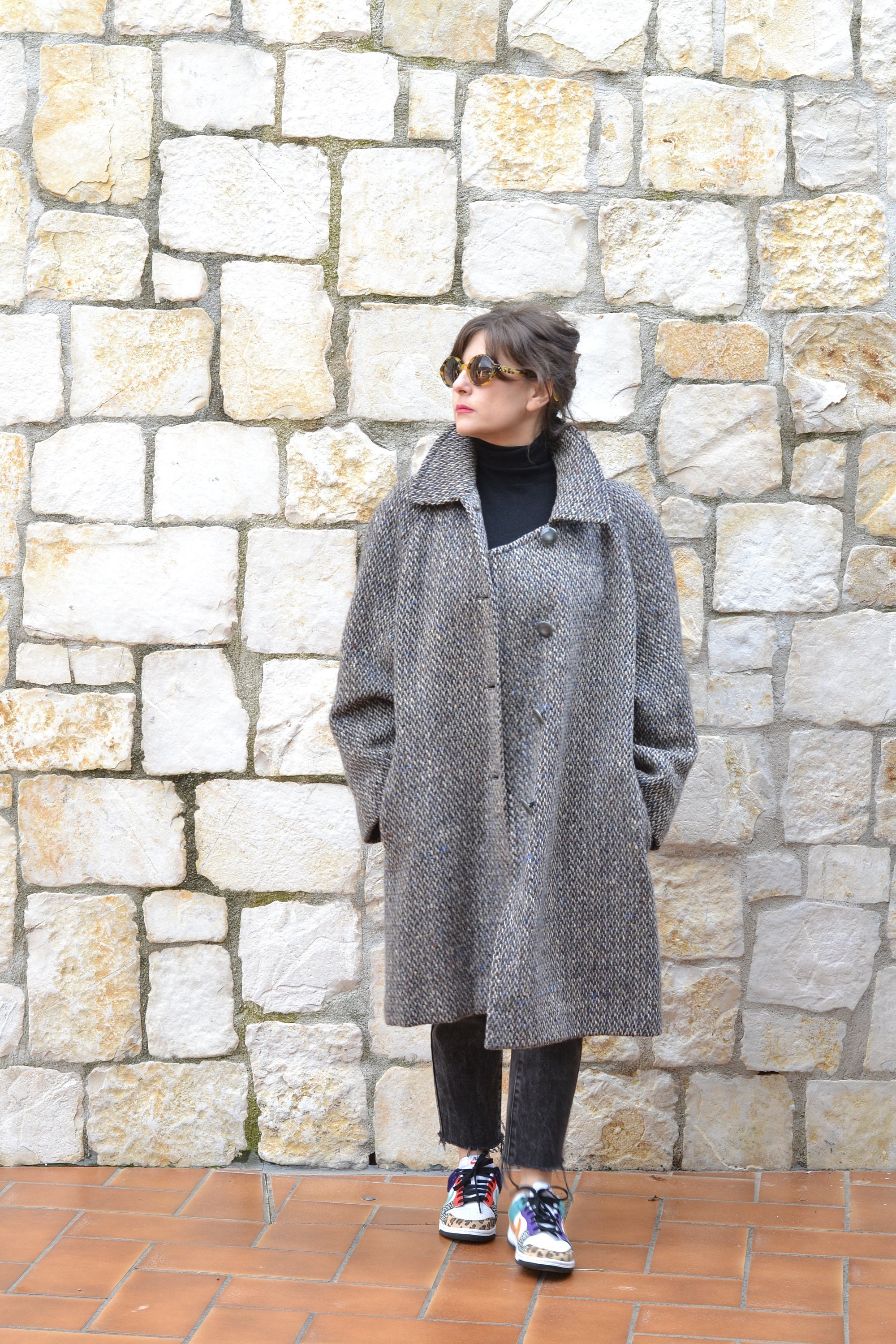 80s Vintage Tweed Coat Women / Grey Vintage Wool Coat Women