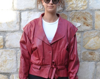 1980s red leather jacket woman / genuine leather womens bomber / 80s vintage real leather coat women