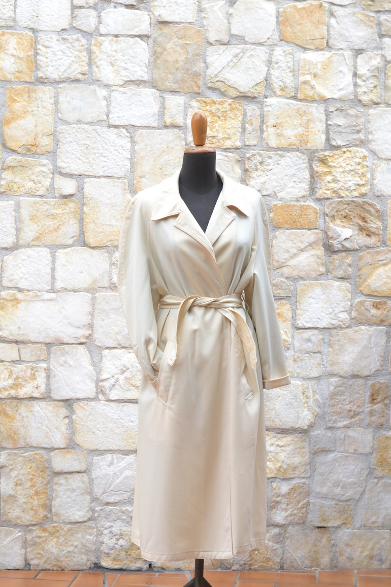 70s Beige Long Trench Coat Women, Vintage Wrap Coat, Mid Season Duster Coat image 7