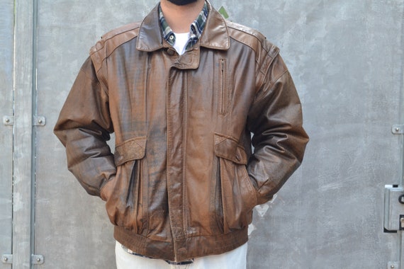 90s Brown Mens Leather Jacket / Bomber Jacket Men / Vintage