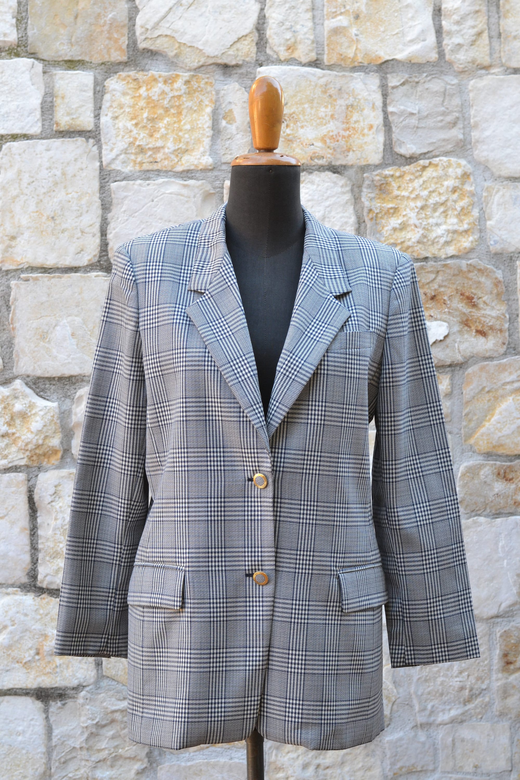 Vintage Plaid Wool Blazer Women Blue White Houndstooth Vintage Jacket Women Blazer Etsy Canada