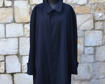 AQUASCUTUM Coat - Dark Blue Long Wool Coat Men / Vintage Raglan 