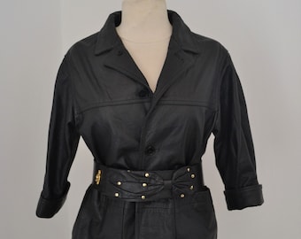 Black leather jacket women, 1970s leather jacket, three-quarter sleeve vintage coat