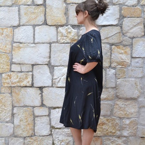 Vintage abstract silk dress, 80s puff sleeve dress, black tunic dress , minimalist summer dress women image 6