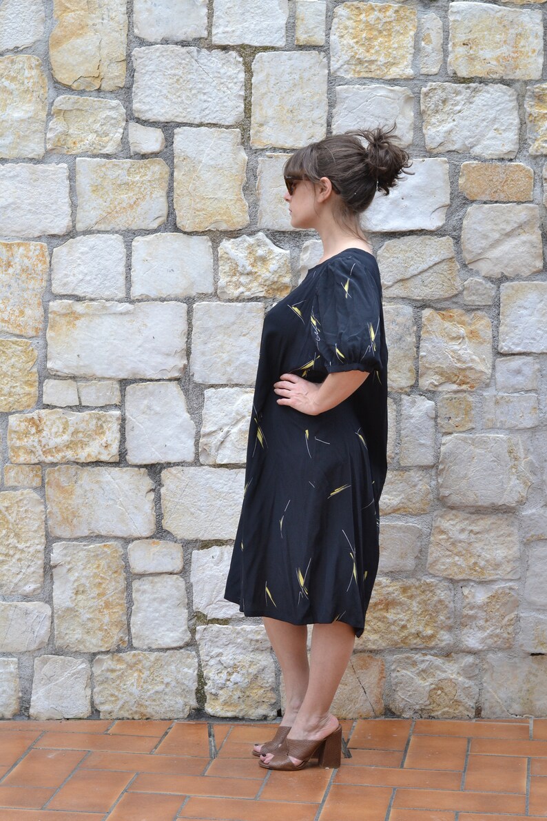 Vintage abstract silk dress, 80s puff sleeve dress, black tunic dress , minimalist summer dress women image 6