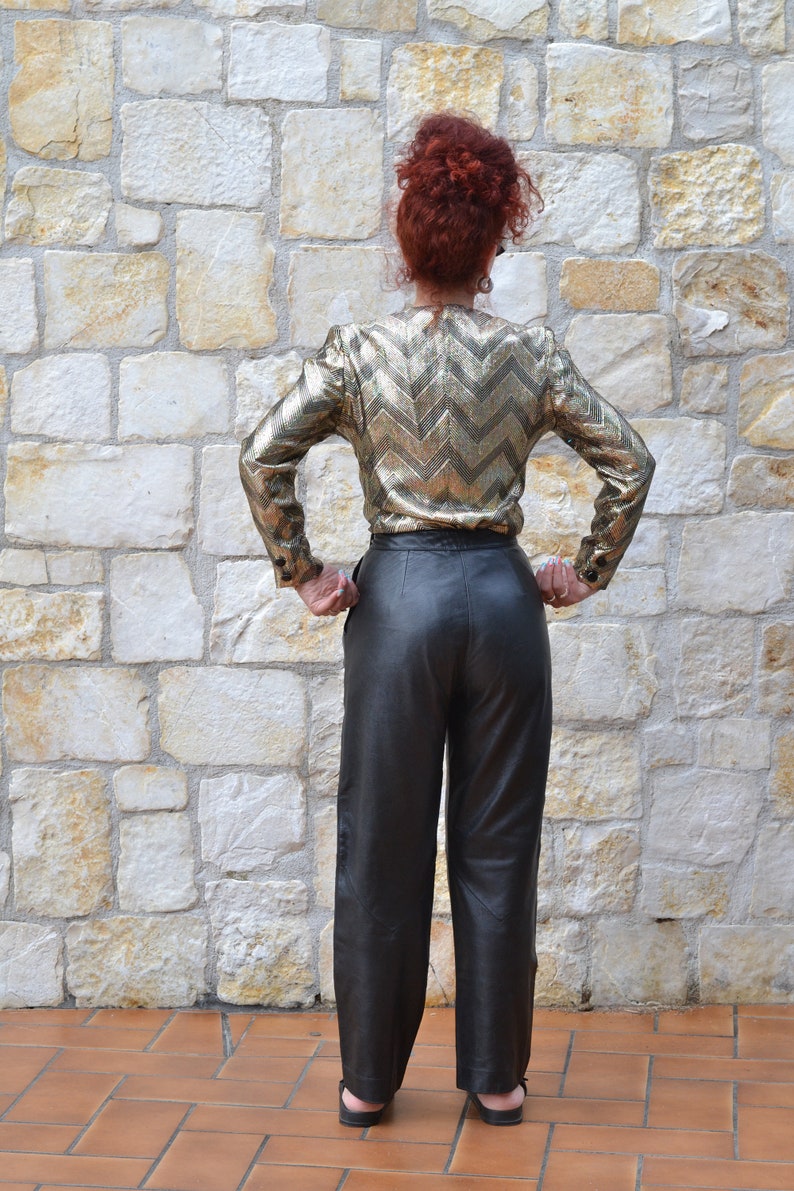 80s black leather pants women, vintage baggy pants women, high-waist leather trousers, 80s vintage clothing image 6