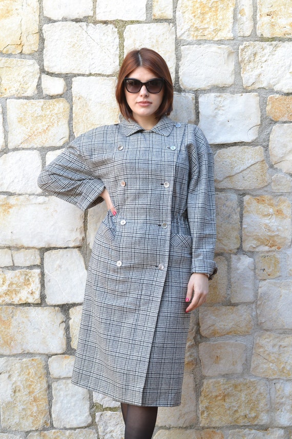 1890s grey prince of wales wool dress / vintage wiggle dress women / plaid blouson dress