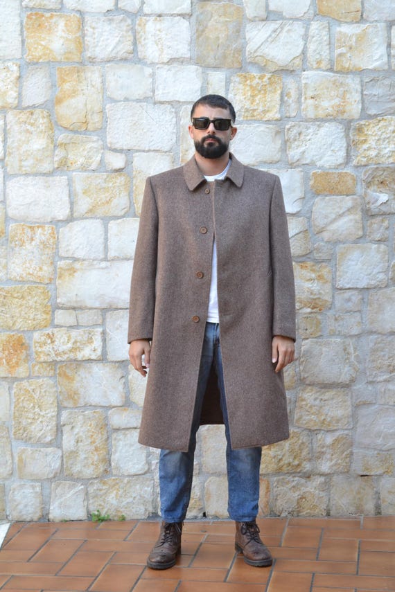 70svintage Beige Herringbone Tweed Wool Coat Men, Minimalist