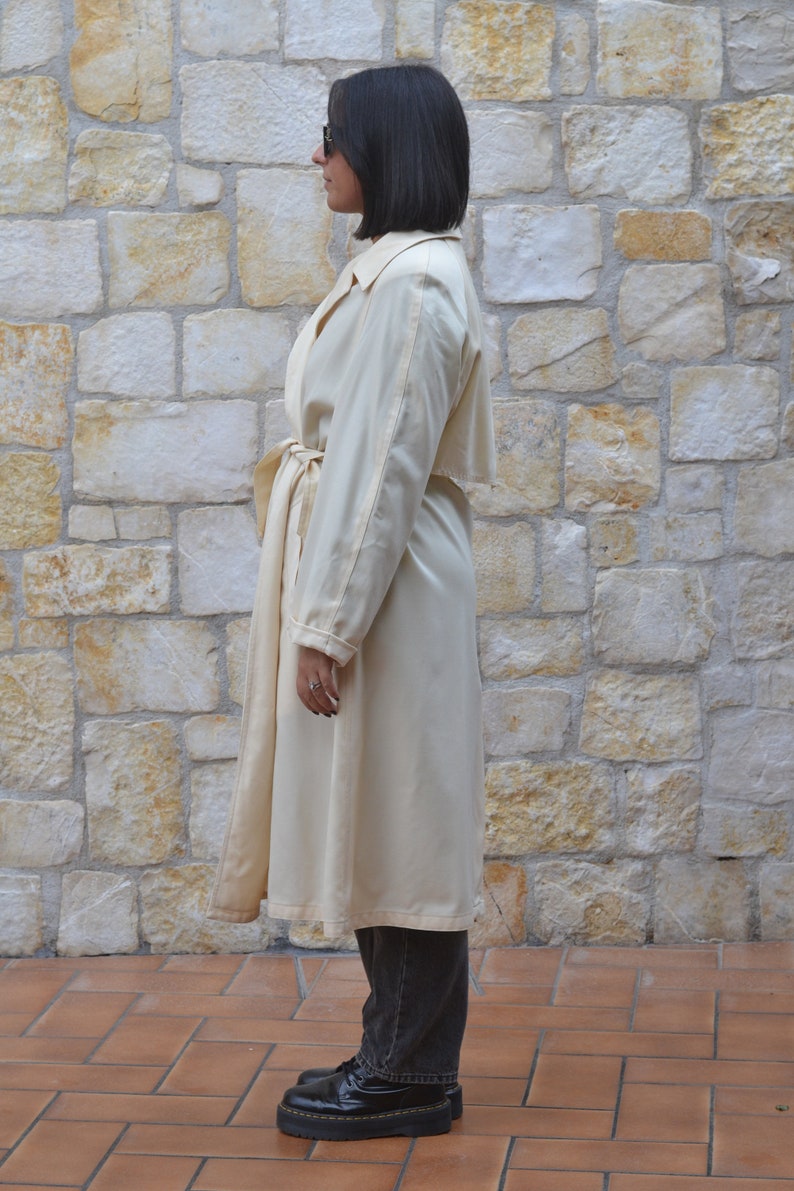 70s Beige Long Trench Coat Women, Vintage Wrap Coat, Mid Season Duster Coat image 4