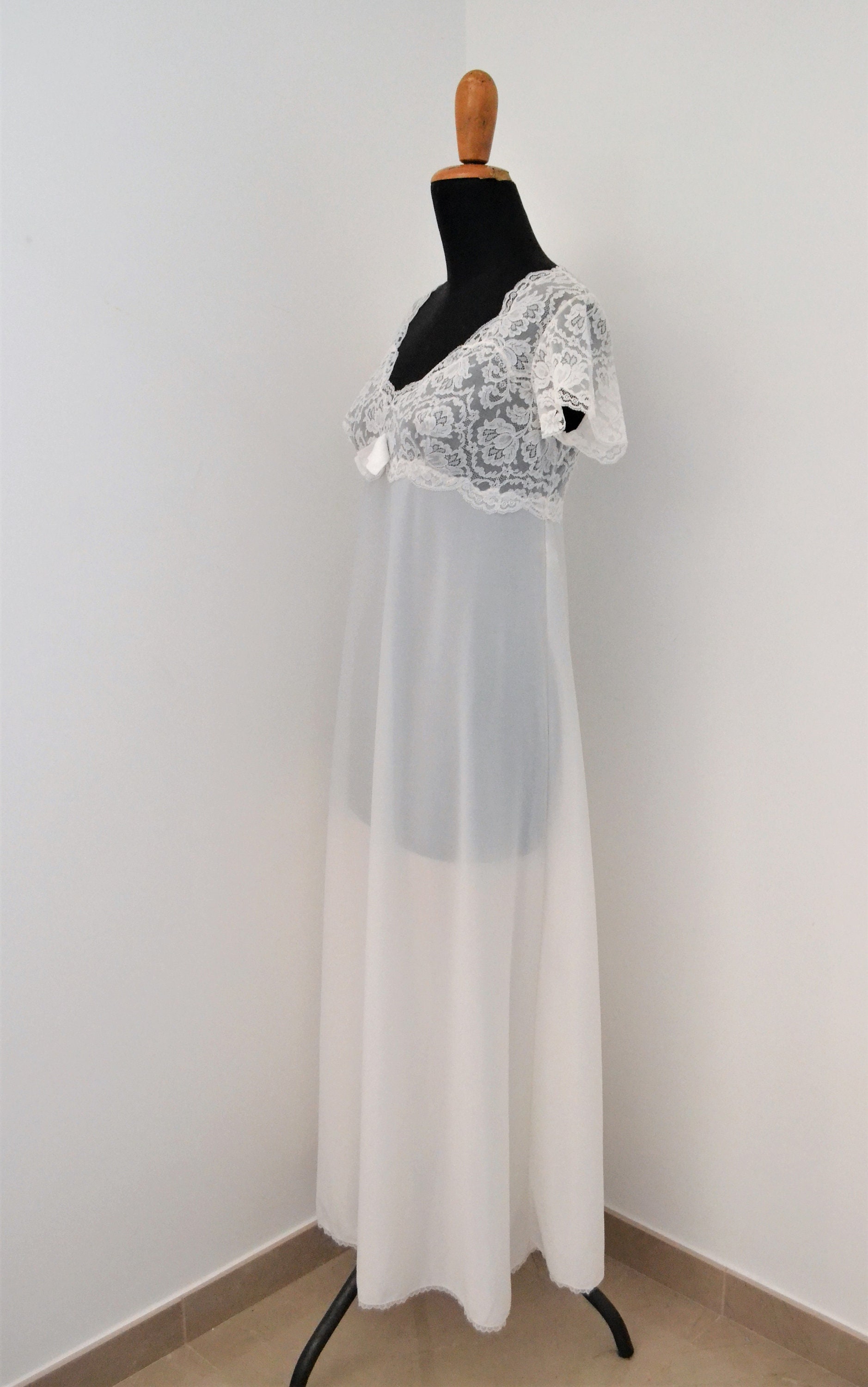 Vintage Slip Dress Regency Gown Lace Sheer Nightgown Vintage
