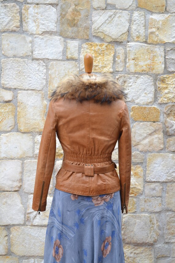 90s Cognac Fur Leather Jacket Women, Brown Leathe… - image 2