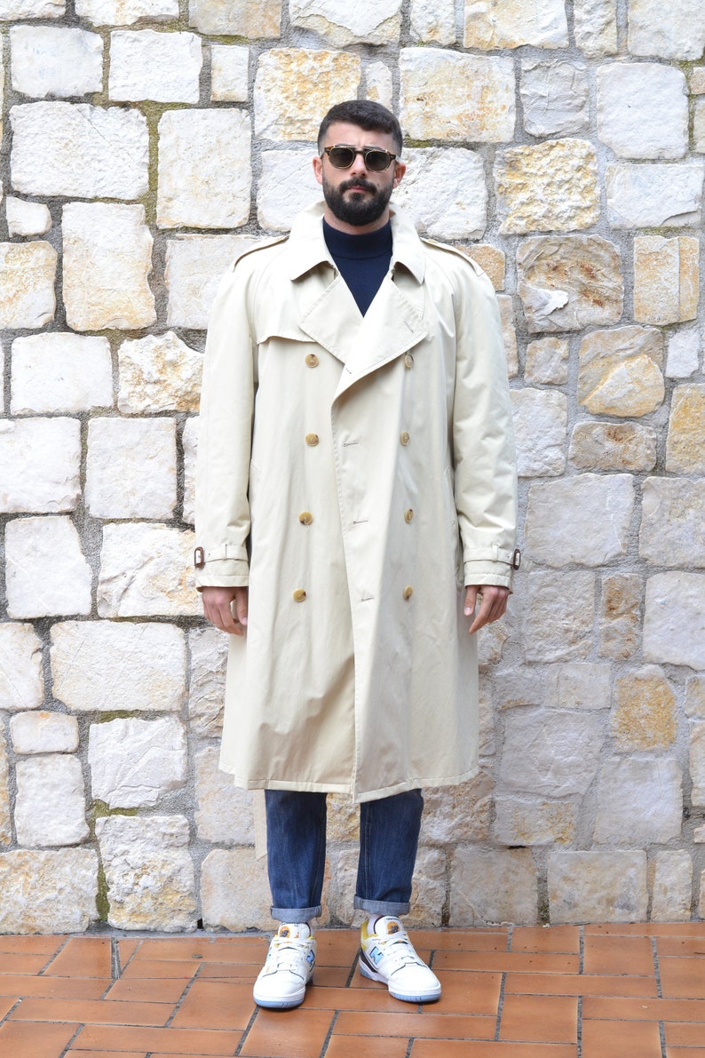 Daks London 90s Vintage Beige Military Trench Coat Men, Belted Mens Rain Coat, Autumn Coat Men, Vintage Clothing image 1