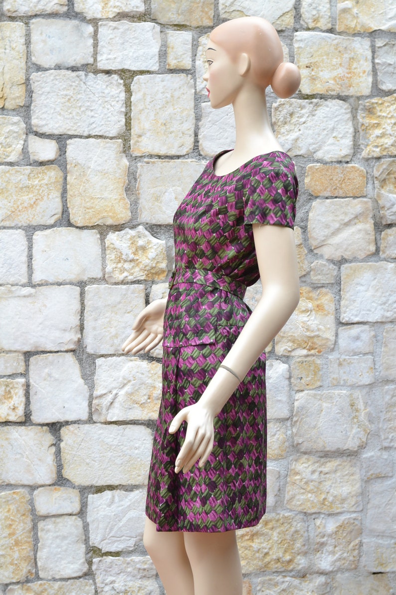 50s / 60s abstract purple dress, 60s mod dress, vintage pleated dress, formal vintage dress image 6