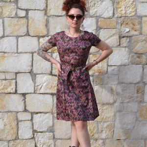 50s / 60s abstract purple dress, 60s mod dress, vintage pleated dress, formal vintage dress image 2