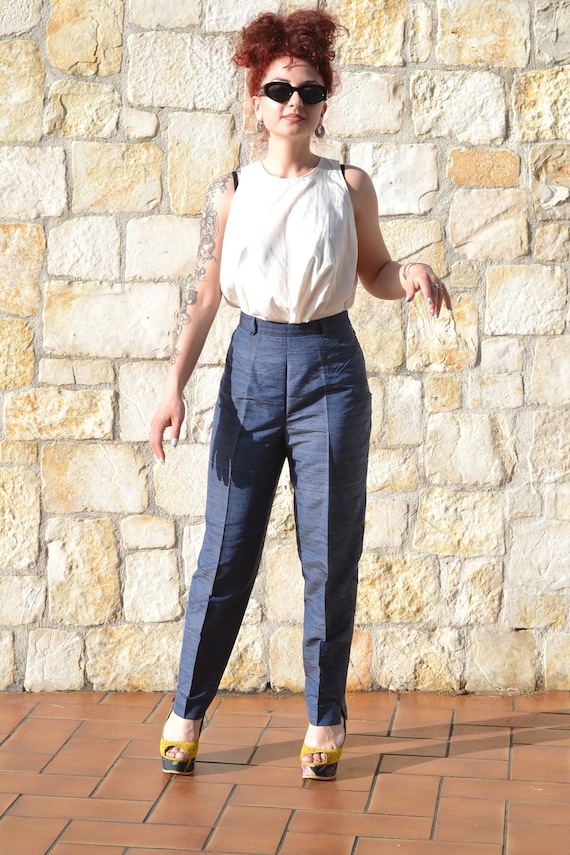 80s baggy raw silk pants, high-waist trousers, cigarette pants, blue summer pants