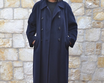 【archive】90's WOOL DOUBLE BREASTED COAT 90s Dark Blue Double Breasted Wool Coat Women, Preppy Womens