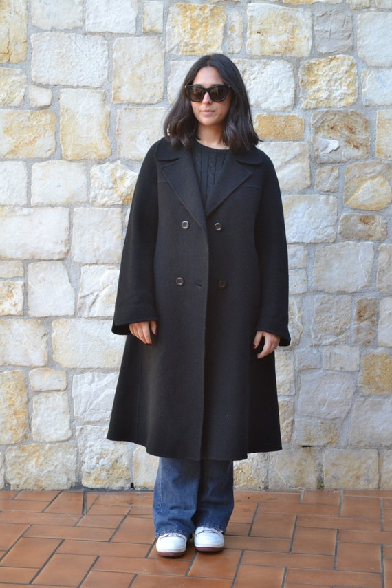Buy Chic Vintage Black Wool Coat With Belt, French Handmade Winter  