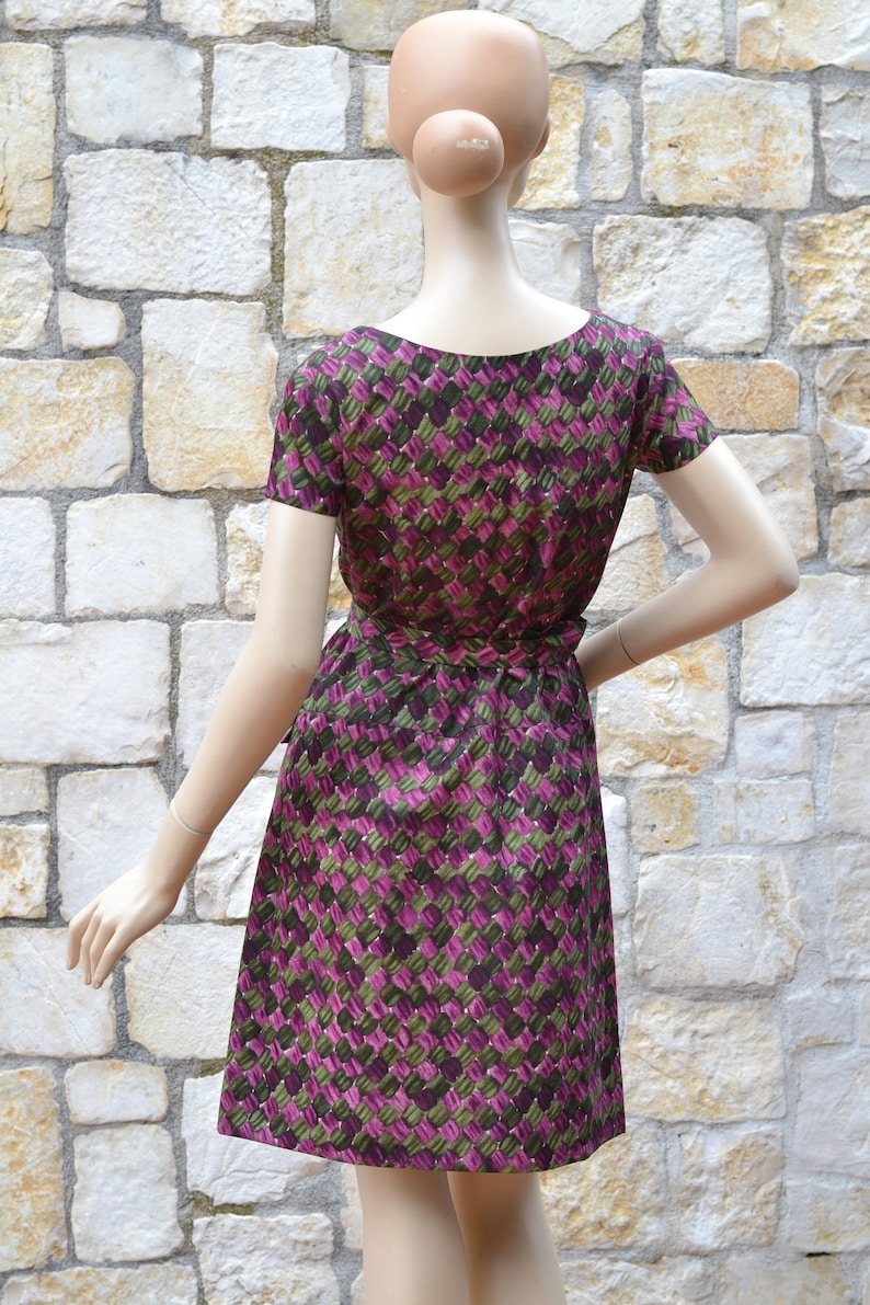 50s / 60s abstract purple dress, 60s mod dress, vintage pleated dress, formal vintage dress image 7