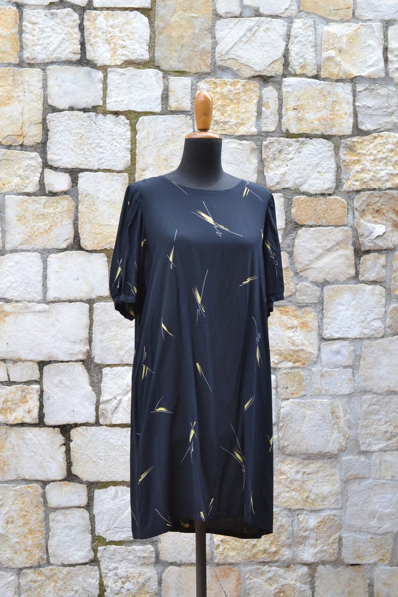 Vintage abstract silk dress, 80s puff sleeve dress, black tunic dress , minimalist summer dress women image 7