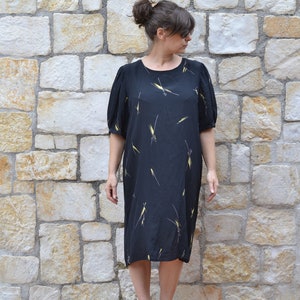 Vintage abstract silk dress, 80s puff sleeve dress, black tunic dress , minimalist summer dress women image 5