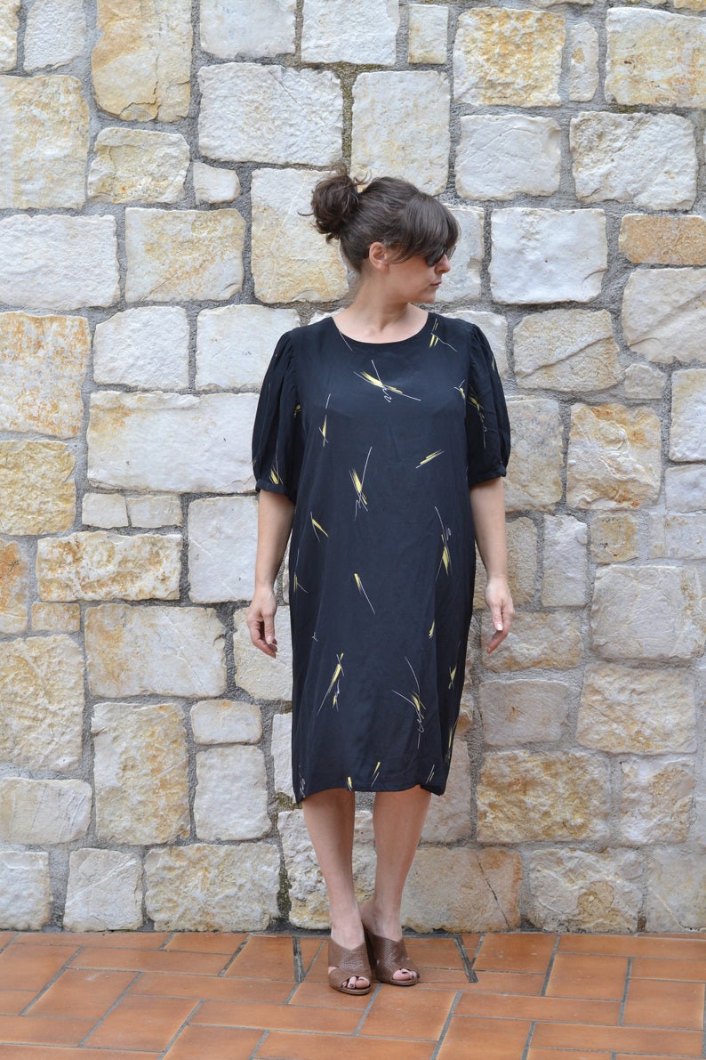 Vintage abstract silk dress, 80s puff sleeve dress, black tunic dress , minimalist summer dress women image 5