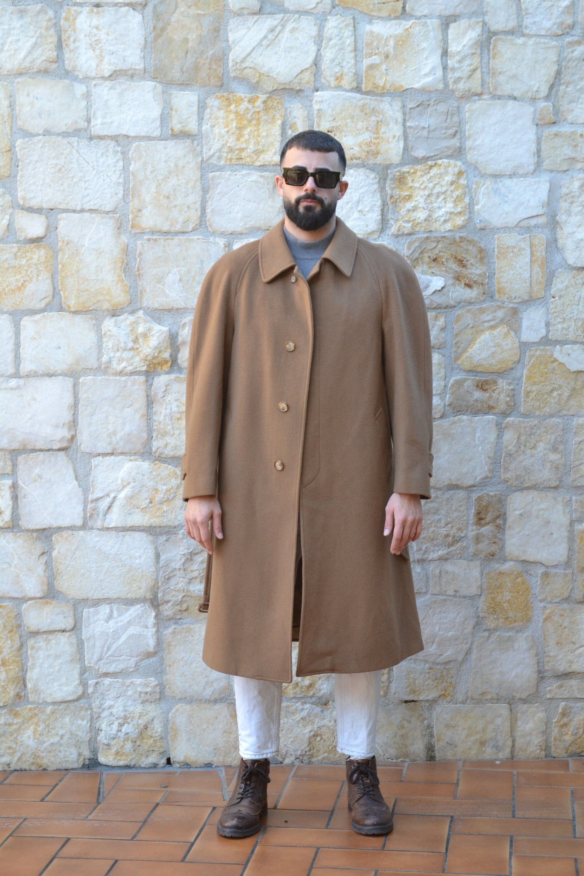 90s Vintage Camel Wool Coat Men, Belted Coat Men, Preppy