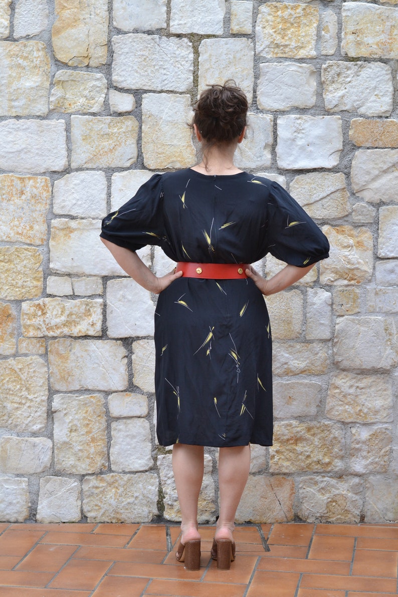 Vintage abstract silk dress, 80s puff sleeve dress, black tunic dress , minimalist summer dress women image 4