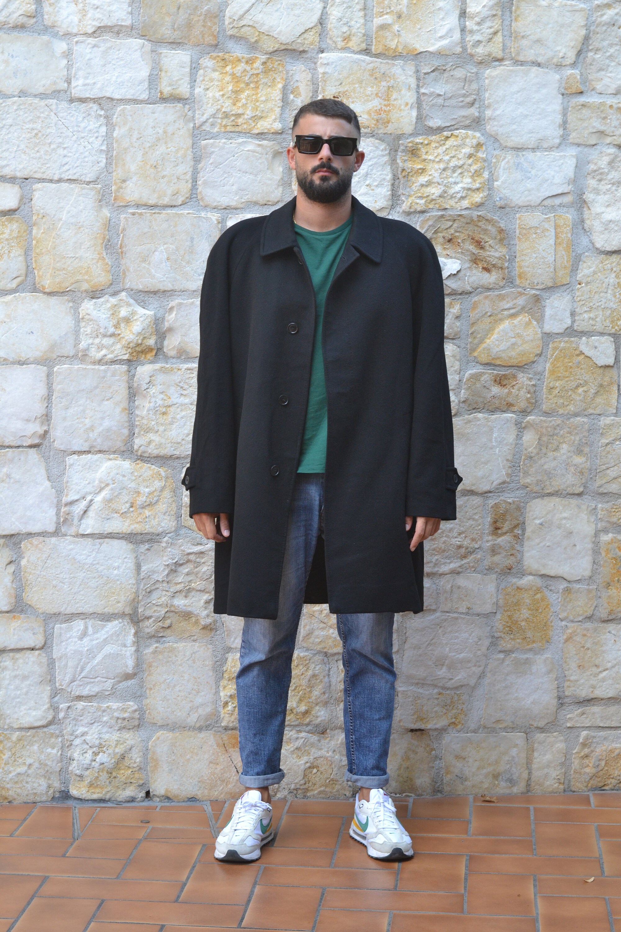 90s Black Cashmere Coat, Vintage Short Wool Coat Men, Mens