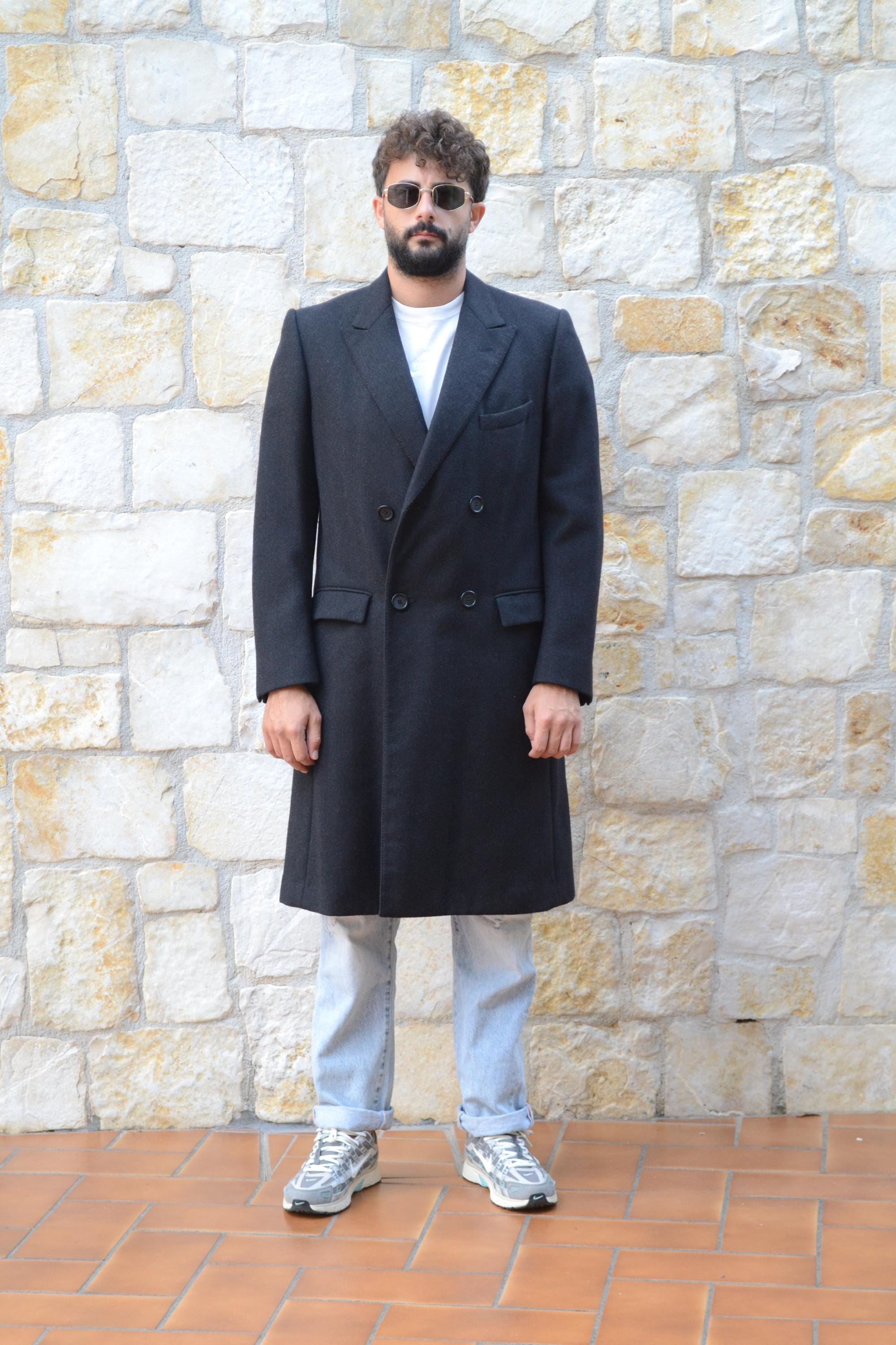Pierre Cardin 90s Grey Double Breasted Wool Coat Men, Mens Winter