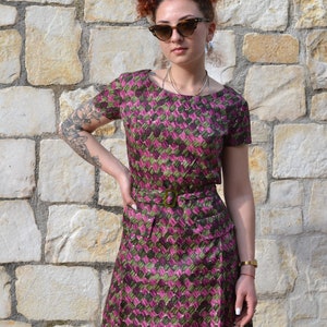 50s / 60s abstract purple dress, 60s mod dress, vintage pleated dress, formal vintage dress image 1