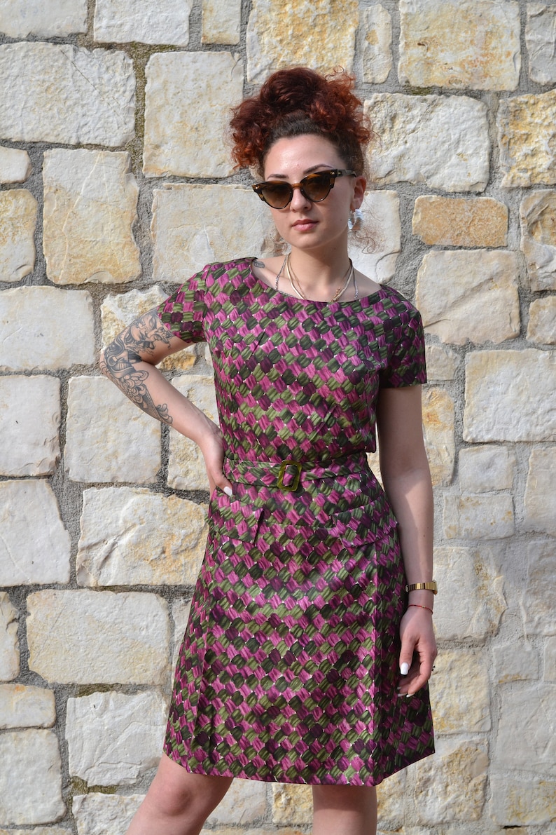50s / 60s abstract purple dress, 60s mod dress, vintage pleated dress, formal vintage dress image 1