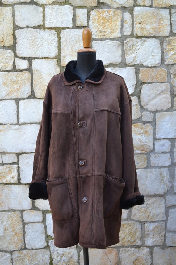 Original men's brown shearling coat size XL - image 1