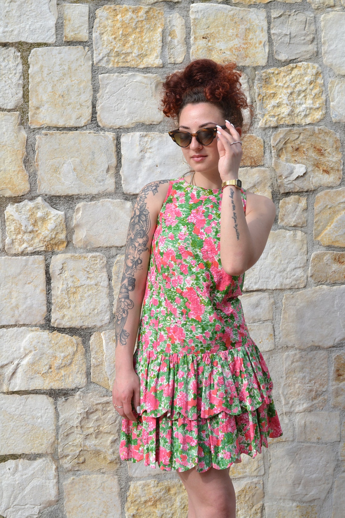 50s Vintage Ruffle Dress / Flower Summer Dress - Etsy