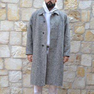 80s Herringbone Coat, Vintage Wool Coat Men, Black and White Men