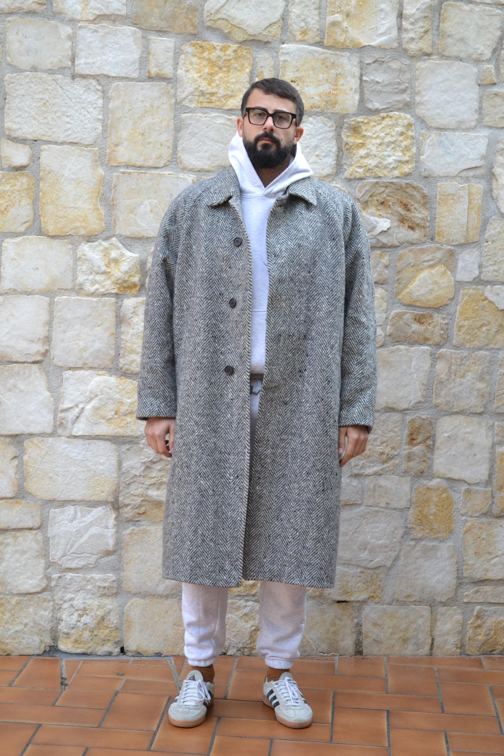 80s Herringbone Coat, Vintage Wool Coat Men, Black and White Men