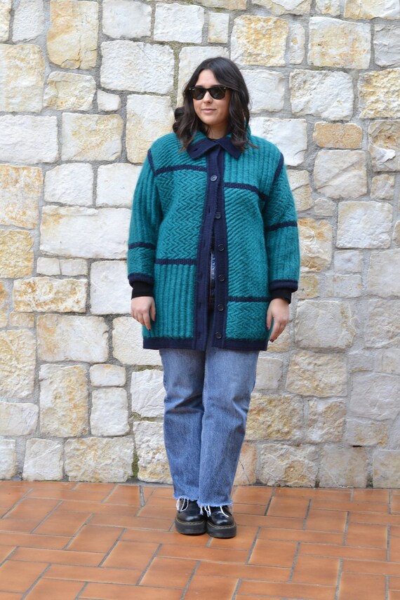 Vintage 80s White Navy & Green Abstract Knit Cardigan L XL