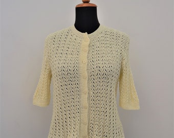 1960's knit lace cardigan cream spring cardigan hand knit cotton sweater women
