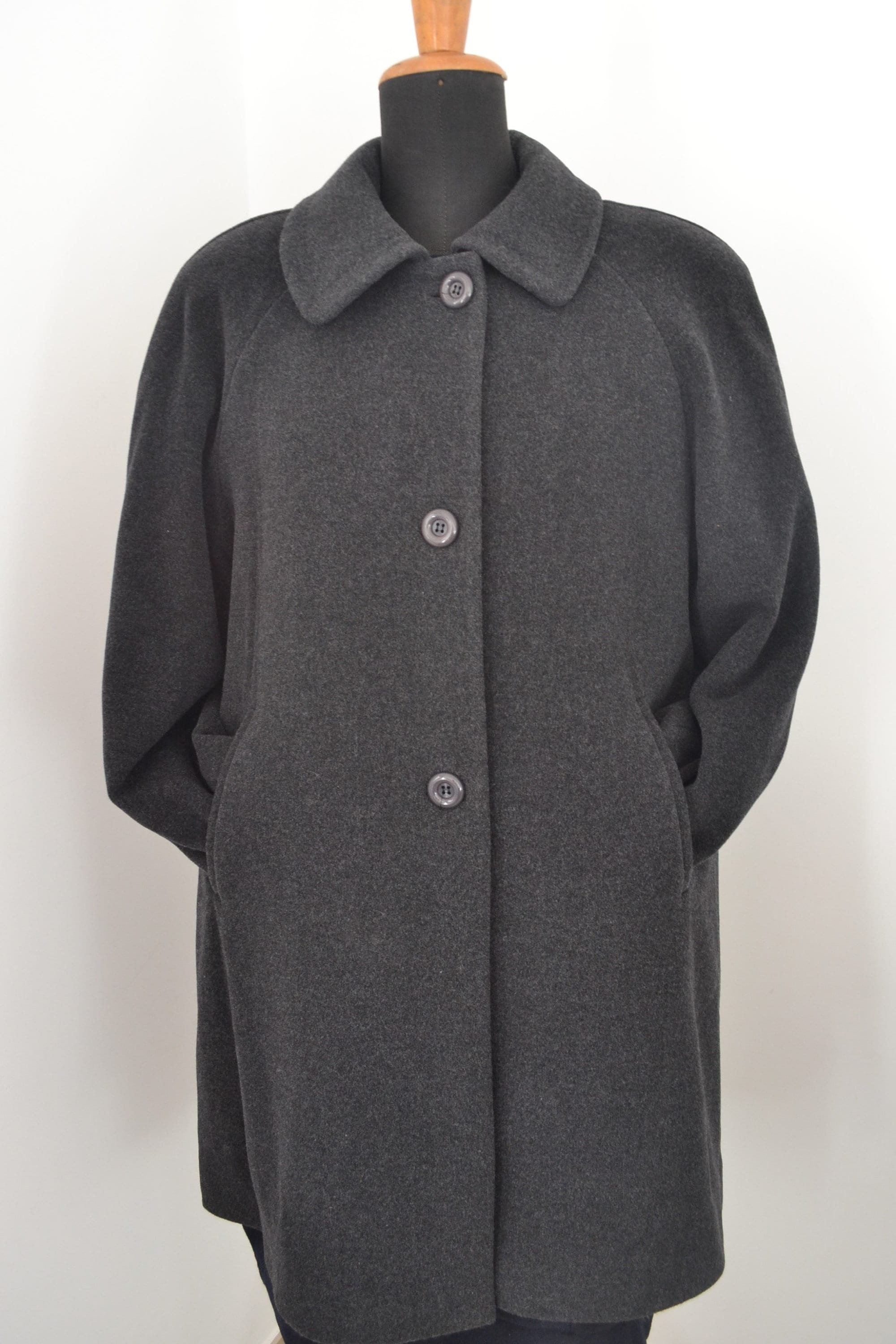 French Vintage wool×cashmere Coat 100% Cashmere Vintage Swing Coat With Fur Collar Tan Begie Size