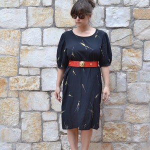 Vintage abstract silk dress, 80s puff sleeve dress, black tunic dress , minimalist summer dress women image 2
